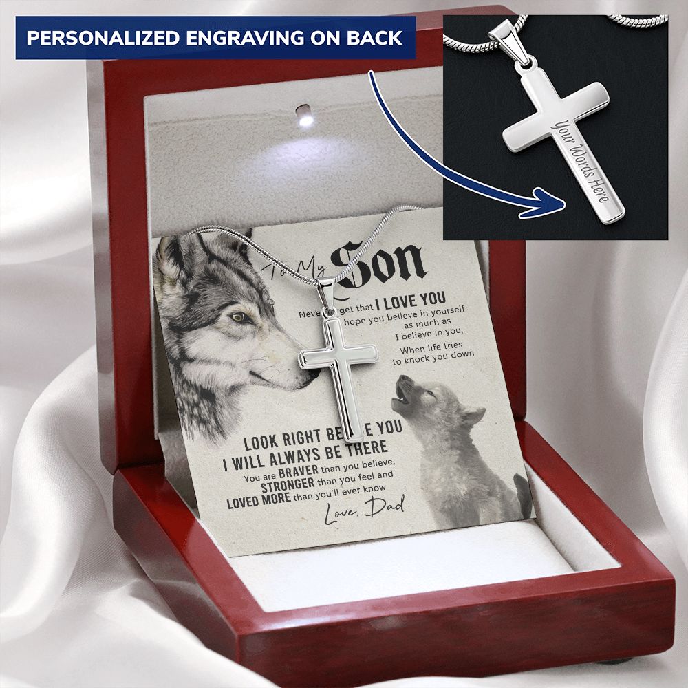 Wolf Father To Son Engraved Cross Necklace Gift For Son, To My Son Engraved Cross Necklace From Dad, Dady Meaningful Jewelry Gift For Men Artisan Engraved Cross Necklace Gift For Wolf Son Necklace Personalized Cross Necklace