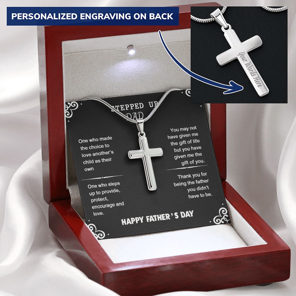 Stepped Up Dad Cross Necklace From Son, Happy Father's Day Necklace Gìt For Dad, Father And Son Gift Necklace, Stepped Up Dad Gift Necklace, To My Dad Cross Necklace From Son, Jewelry Gift For Men