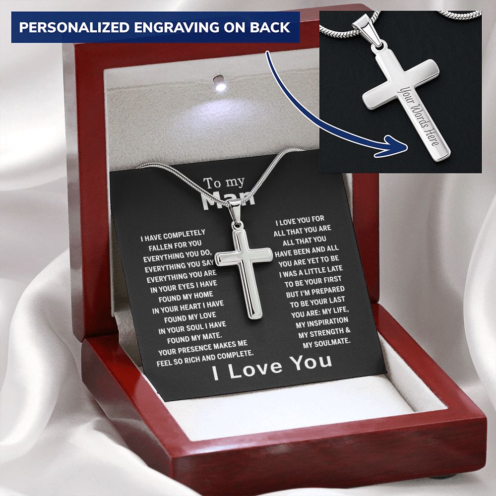 To My Man Cross Necklace Jewelry For Men, Man Necklace Silver From My Love Soulmate Wife Gift Jewelry For Men Stainless Artisan Crafted Cross Necklace with Message Card Luxury Box Personalized Cross Necklace