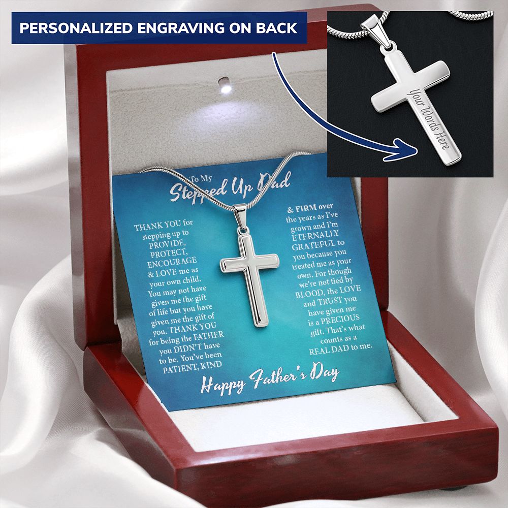 To My Step Dad Cross Necklace, Thank You for Stepping Up Dad To Provide Dad Necklace Gift, 14k Stainless Steel Cross Necklace, Jewelry Gift For Dad On Anniversary Father's Day Graduation Gift Personalized Cross Necklace