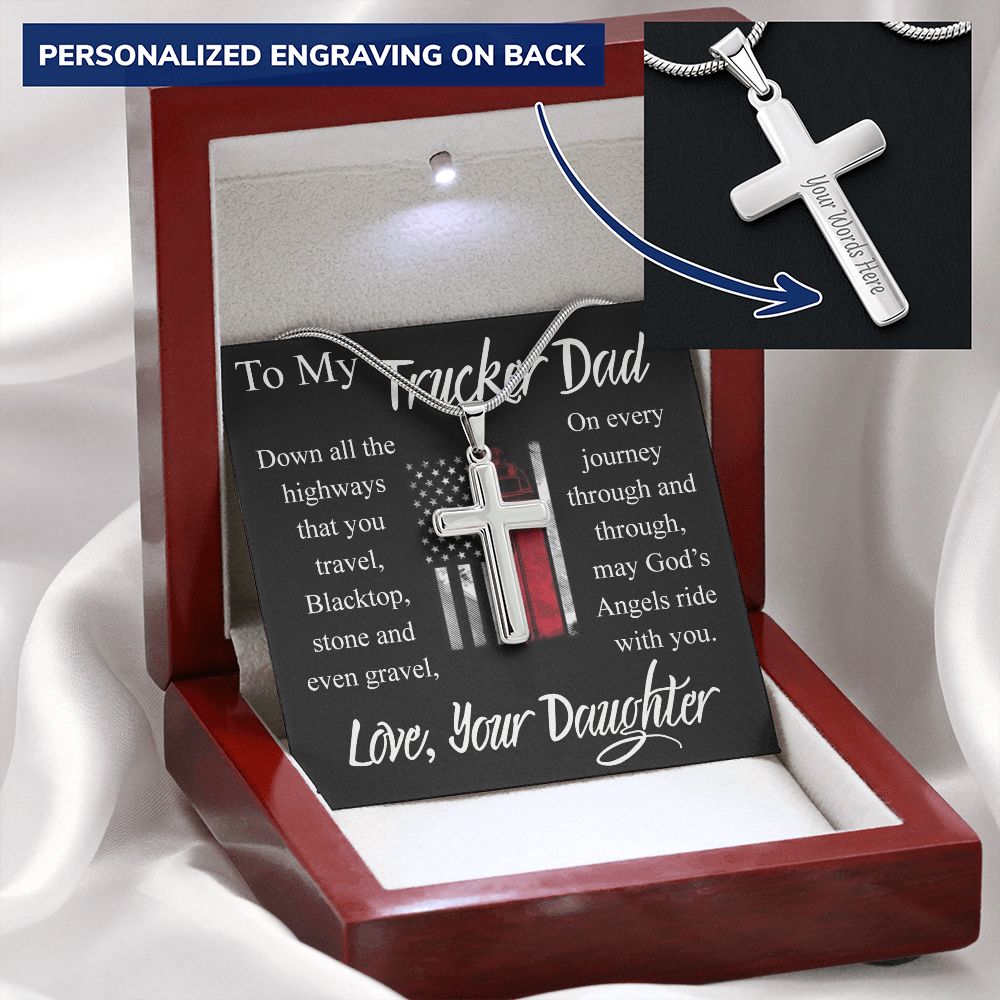 Jewelry For Mens - Jewelry Custom Card, To My Truckin Dad Cross Necklace, I Love You Dad, Truck Driver Dad Necklace Gift, Stainless Steel Cross Jewelry Gift, Christmas Thankgiving Gift Ideas Personalized Cross Necklace
