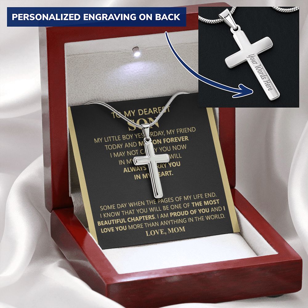 To My Son Link Chain Necklace Gift for Son Birthday, Graduation Christmas Jewelry For Men Stainless Artisan Crafted Cross Necklace with Message Card Luxury Box Personalized Cross Necklace