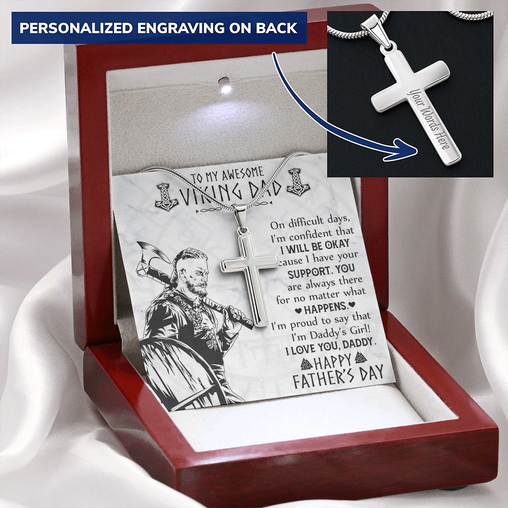 Jewelry For Mens - Jewelry Custom Card, To My Awesome Viking Dad Necklace From Daughter, Pendant Gift For I'm Dady's Girl, Happy Father's Day Necklace, Cross Necklace For Men, Viking Jewelry Personalized Cross Necklace