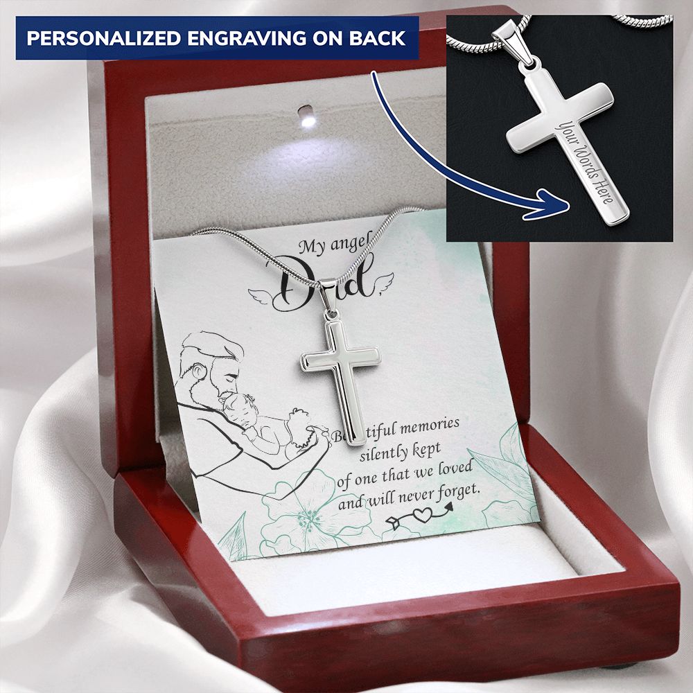 To My Angel Dad Necklace Pendant Gift From Daughter Or Son Necklace Beautiful Memories Happy Father's Day, To Dad Father In Law Gifts On Birthday Anniversary 31821 Personalized Cross Necklace