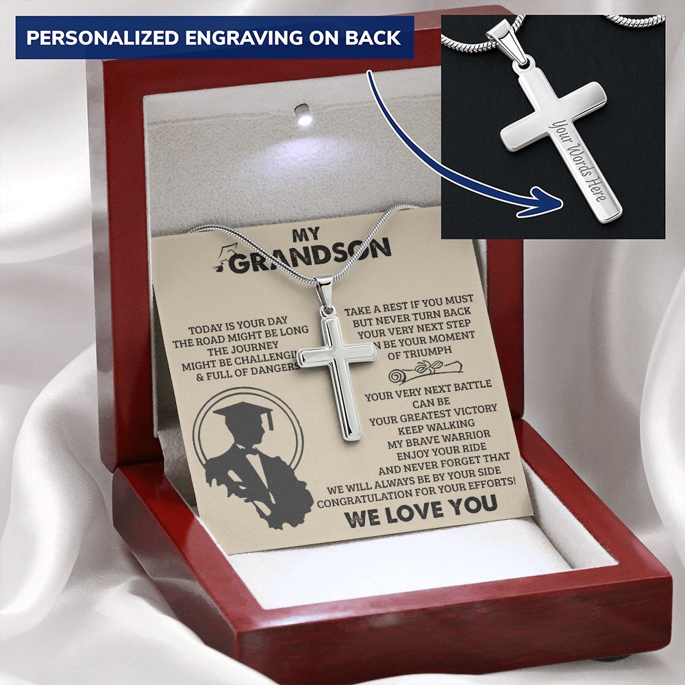 Grandson Birthday Gifts From Grandma Present For Grandson From Grandmother To My Grandson Necklace From Grandparents Cross Chain with Message Card and Gift Box Personalized Cross Necklace