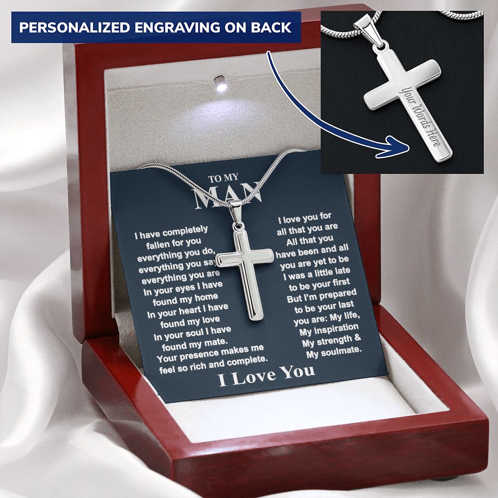 To My Man Cross Necklace Gift From Wife, Girlfriend, Fiancee Box With Card For Boyfriend, Anniversary Personalized Necklace Gift For Man, Jewelry Gift Cross Necklace For Men, Mans Gift Necklace Personalized Cross Necklace 2222