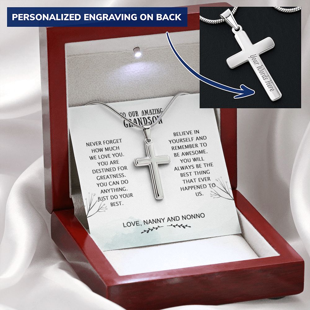 Grandson Birthday Gifts From Grandma Present For Grandson From Grandmother To My Grandson Necklace From Grandparents Cross Chain with Message Card and Gift Box3 Personalized Cross Necklace