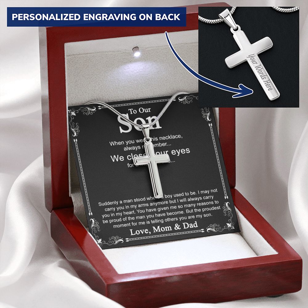To Our Son Cross Necklace Pendant for Birthday Christmas Graduation Gift Cross Necklace from Dad Mom with Message Card and Gift Box For Son Personalized Gift Necklace for Son From Father and Mother Personalized Cross Necklace 2222