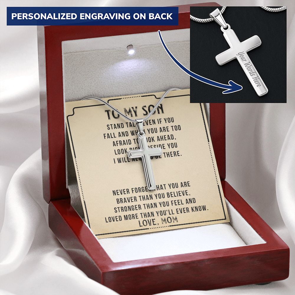 Personalized Necklace Gift For Son, To My Son Cross Necklace from Mom with Message Card and Gift Box, To My Son Cross Necklace for Birthday Graduation Gift For Son, Valentines Gifts for Son from Mom Personalized Cross Necklace 2222