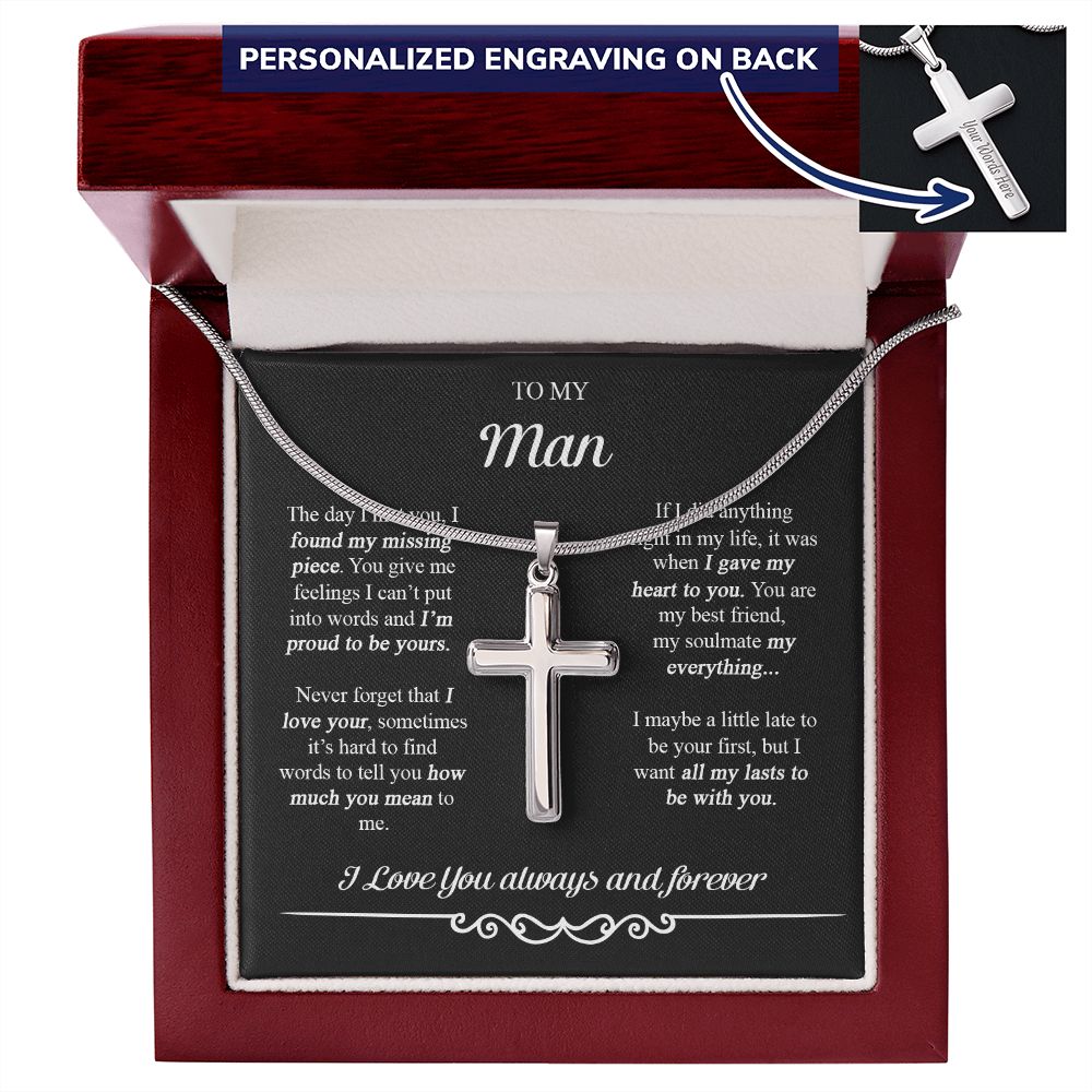To My Man Cross Necklace From Women Wife Soulmate, Girlfriend To Boyfriend Cross Necklace Birthday Gifts For Man, Anniversary Jewelry Gift For Men, Man Cross Necklace Gift For Him Necklace Pendant Personalized Cross Necklace 2222