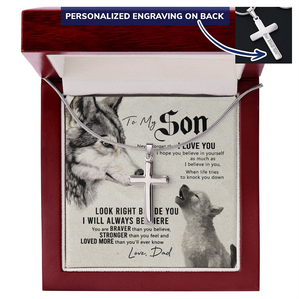 Wolf Father To Son Engraved Cross Necklace Gift For Son, To My Son Engraved Cross Necklace From Dad, Dady Meaningful Jewelry Gift For Men Artisan Engraved Cross Necklace Gift For Wolf Son Necklace Personalized Cross Necklace 2222