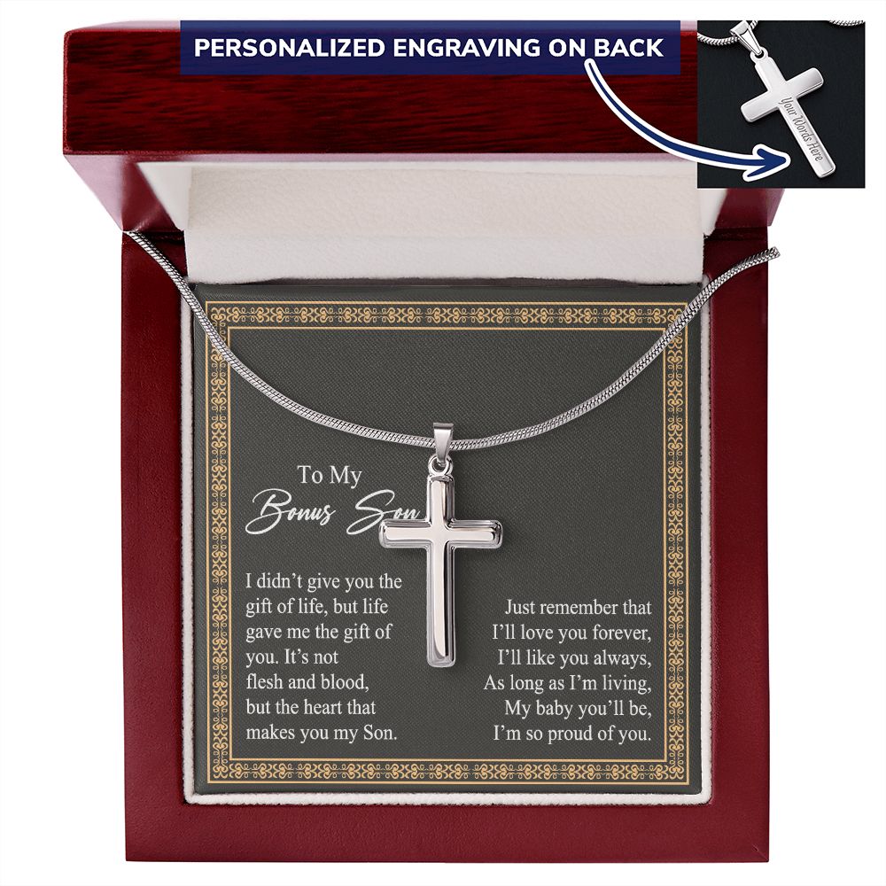 Jewelry For Mens - Bonus Son Necklace Gift, to My Bonus Son Jewelry from Mom, Lion Necklace Pendant, Step Son Gift, for Bonus Son, Adopted Son Gift Necklace, Stepchild Gifts 14K Cross Personalized Cross Necklace 2222