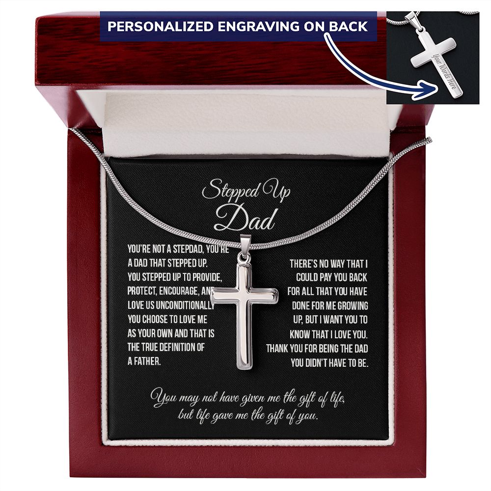 Stepped Up Dad Cross Necklace, To My Stepped Up Dad Cross Necklace From Stepped Up Daughter, Father And Daughter Necklace, Jewelry Gift For Men, Bonus Dad Gift Necklace On Father's Day For Dad