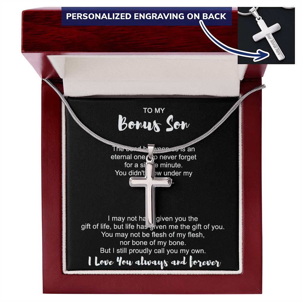 To Mu Bonus Son Cross Necklace From Mom for Bonus Son, Stepson Birthday Gift Graduation Gift, Jewelry Cross Gift For Boys, Men Stainless Artisan Crafted Cross 14k Necklace, Bonus Son Gift Necklace