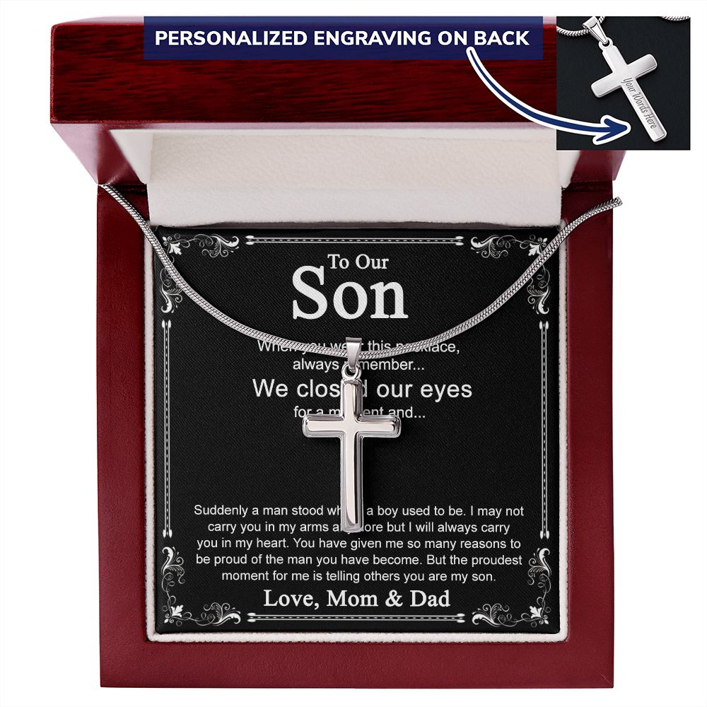 To Our Son Cross Necklace Pendant for Birthday Christmas Graduation Gift Cross Necklace from Dad Mom with Message Card and Gift Box For Son Personalized Gift Necklace for Son From Father and Mother Personalized Cross Necklace 2222