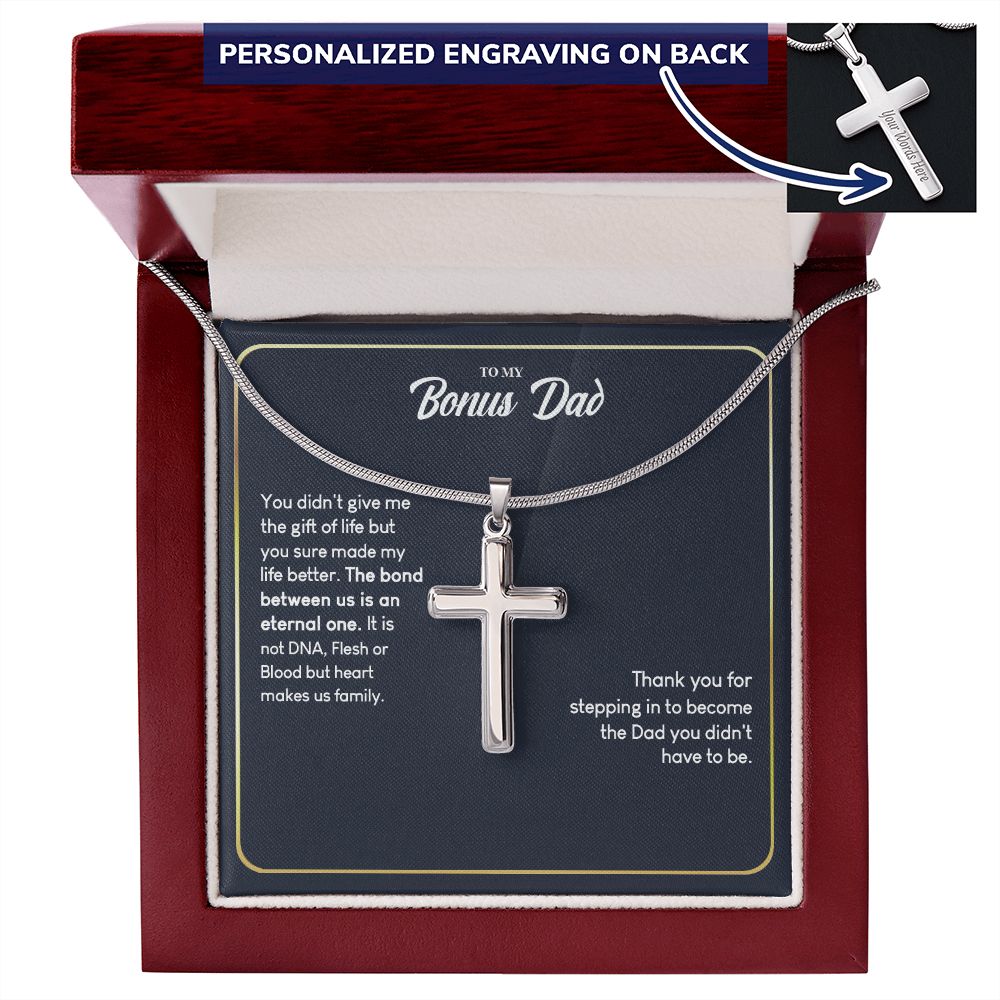 Bonus Dad Gift Necklace, Thank You For Dad Necklace, To My Bonus Dad Necklace From Daughter, Not DNA Necklace Gift For Dad From Bonus Daughter, Bonus Dad And Bonus Daughter Necklace Gift For Him Personalized Cross Necklace 2222