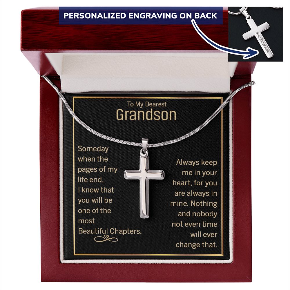 To My Dearest Grandson Cross Necklace From Grandma, Grandson Cross Necklace Pendant Gift On Birthday Christmas Graduation Gift Necklace Anniversary, Jewelry Gift For Boys, Men Cross Necklace Gift
