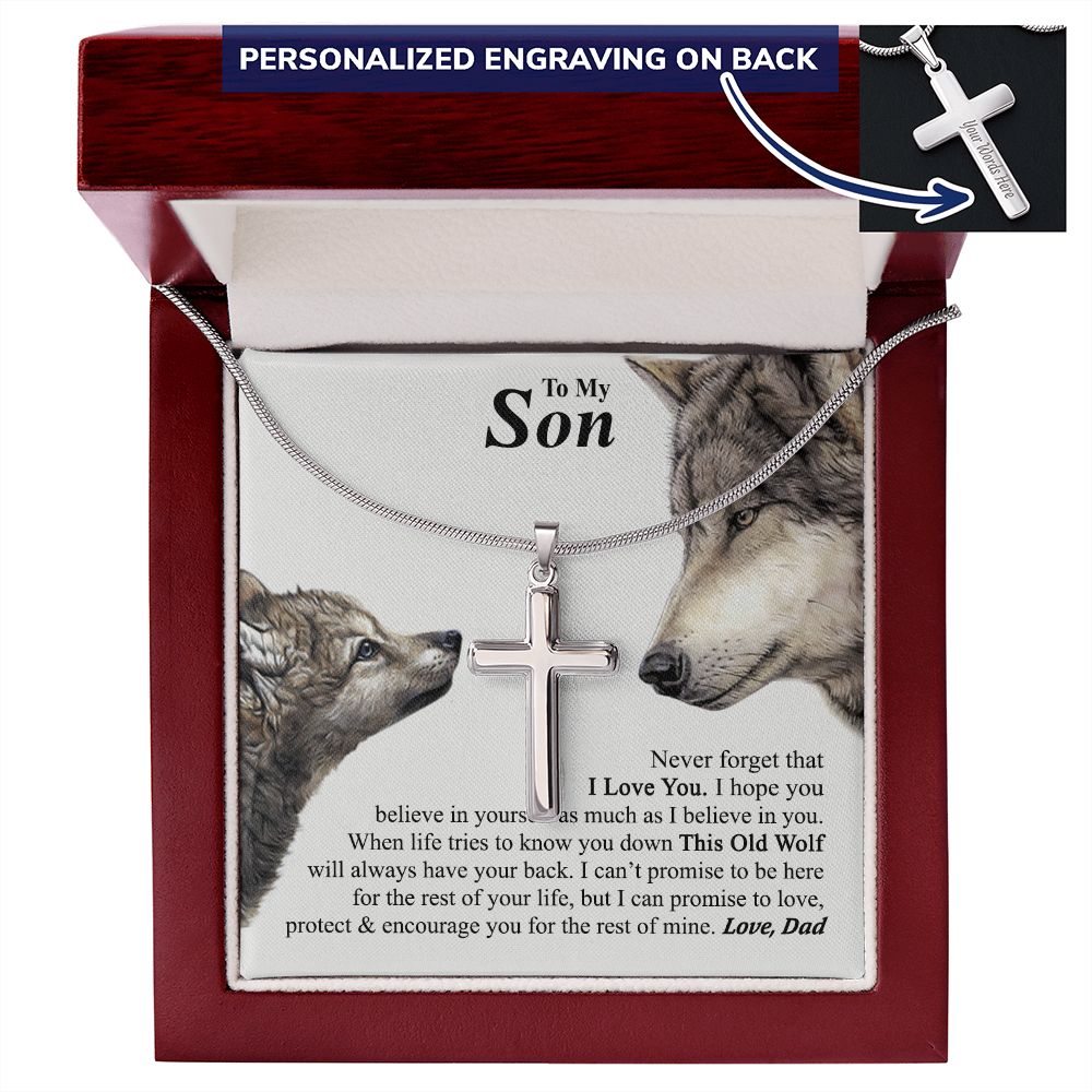 To My Son Cross Necklace From Mom, Mother To Son Jewelry Gift For Son, Cross Necklace For Men Boys, 14K White Gold Stainless Steel Cross Chains Set, Wolf Cross Pendant, Jewelry Gift For Boys, Man Personalized Cross Necklace 2222