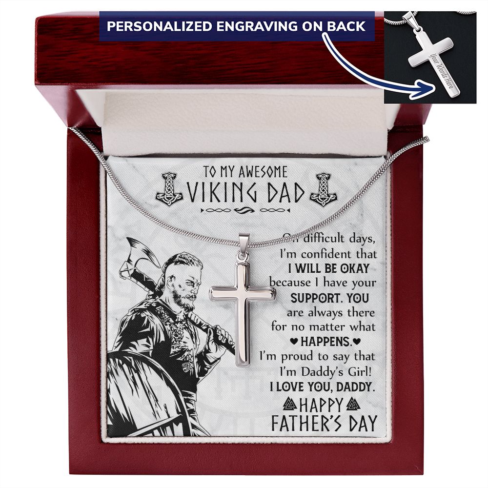 Viking Dad Cross Necklace, Jewelry Gift For Men, To My Awesome Viling Dad Necklace From Daughter, Happy Father's Day Cross Necklace Gift For Him, Daddy's Girl Necklace Gift From Little Girl Necklace Personalized Cross Necklace 2222