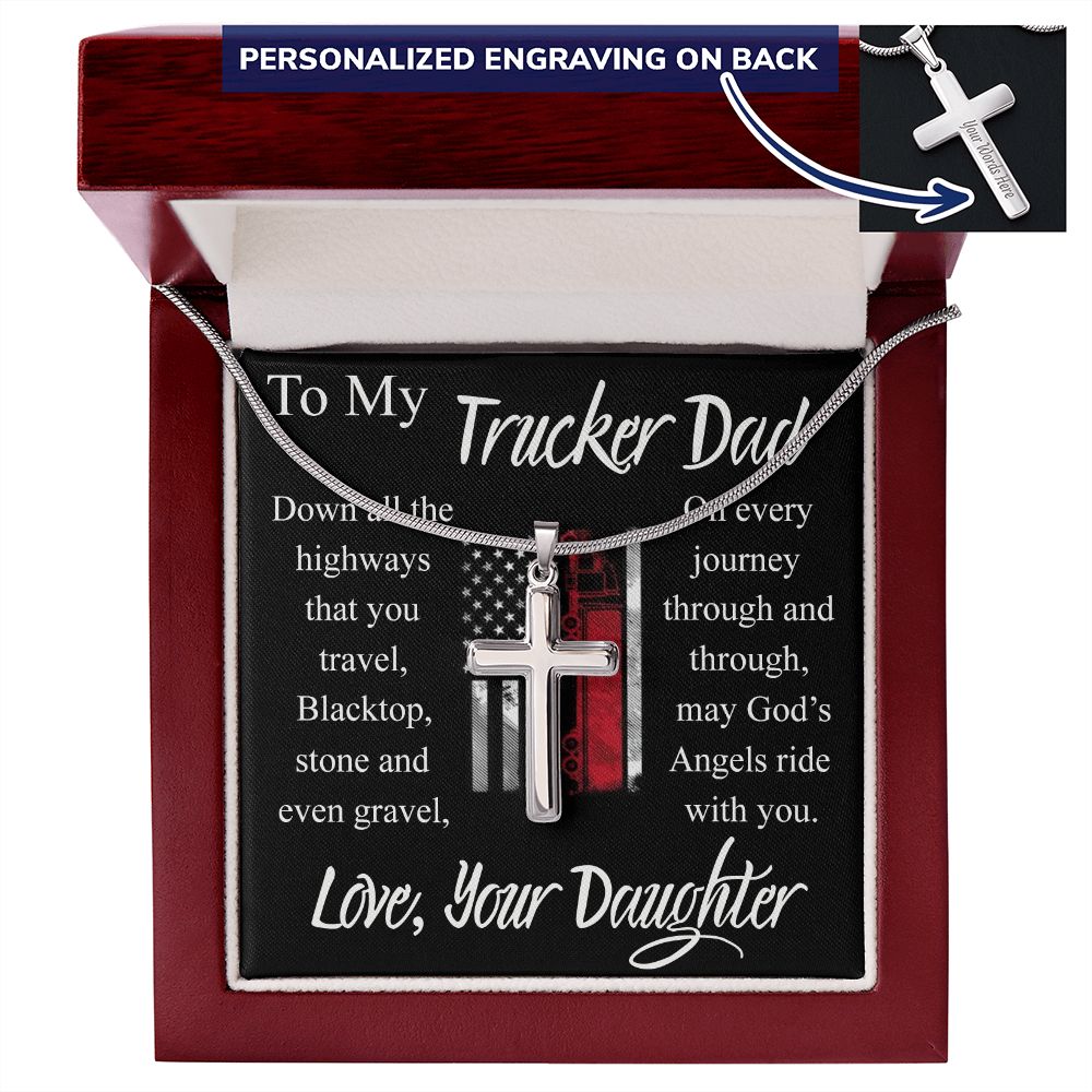 Trucker Dad Gift Necklace, Father And Daughter Cross Necklace, To My Trucker Dad Necklace From Daughter, Jewelry Gift For Men, Mans Gift Necklace For Him, Cross Pendant Gift For Dad From Her Personalized Cross Necklace 2222