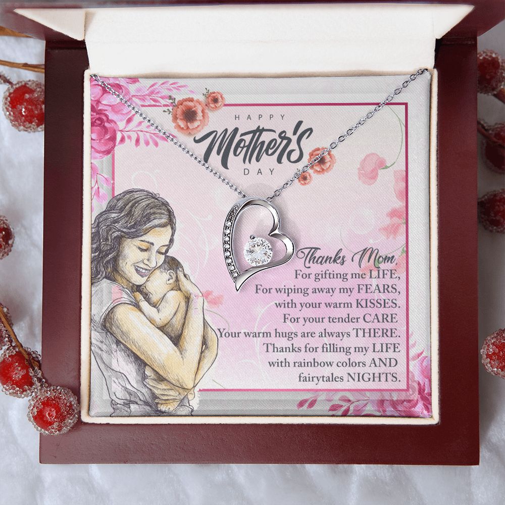 To My Mom, Mother Necklace Pendant Gift From Daughter Or Son Thanks Mom For Gifting Me Life With Message Card Gift For Mom Forever Love Necklace