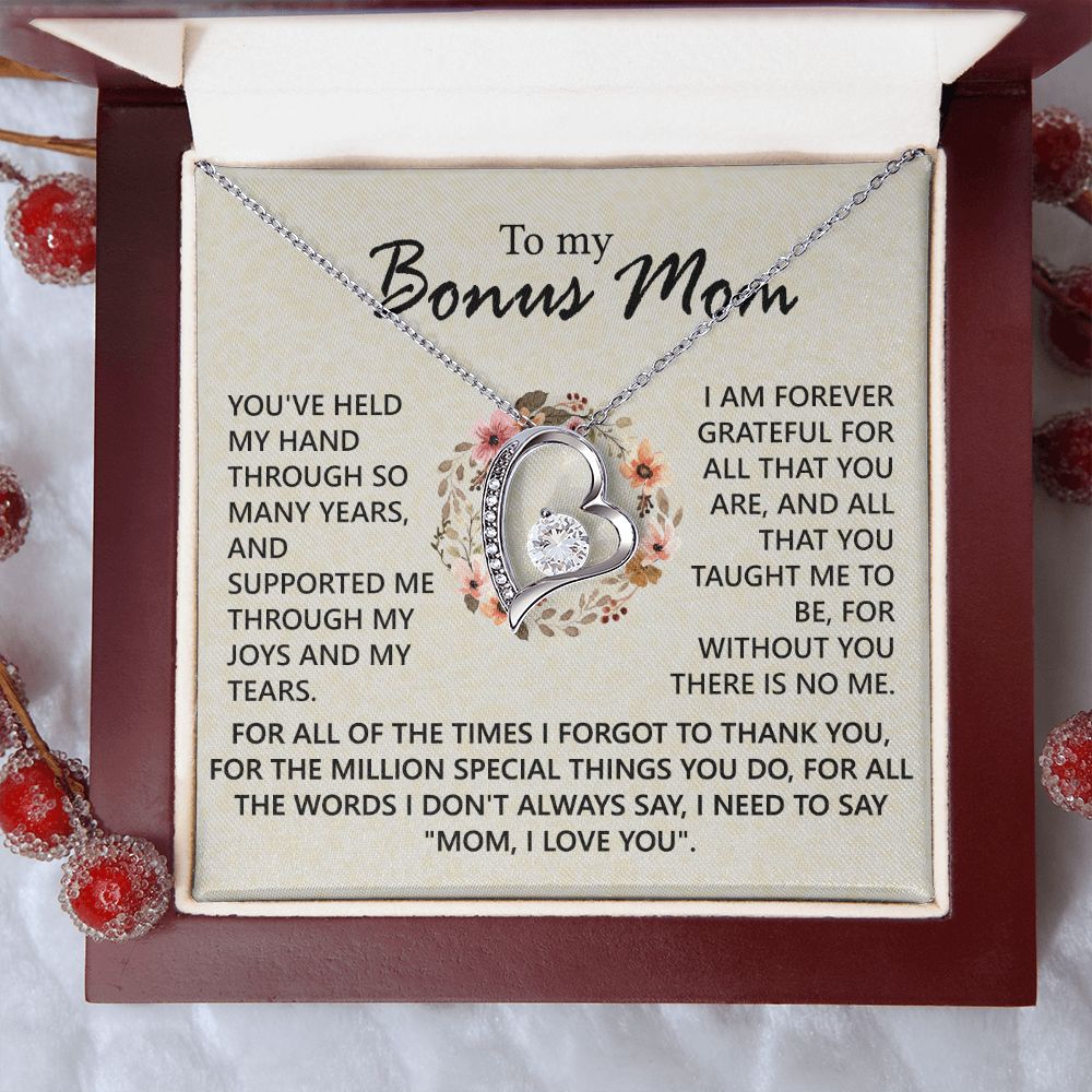 Bonus Mom Jewelry Gift for Stepmom, Foster Mom - Featuring Necklace With Meaningful Message Card & Gift Box for Birthday, Mother's Day Necklace for Bonus Mom Forever Love Necklace