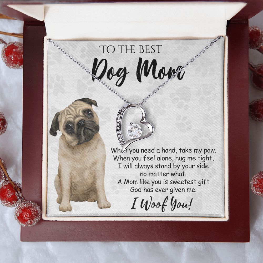 To The Best Pug Dog Mom Knot Necklace Mother's Day Gift , I Woof You Quote Gift Card, Message Card Jewelry For Dog Lovers, Necklace For Mom Forever Love Necklace