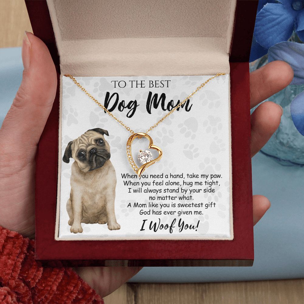 To The Best Pug Dog Mom Knot Necklace Mother's Day Gift , I Woof You Quote Gift Card, Message Card Jewelry For Dog Lovers, Necklace For Mom Forever Love Necklace