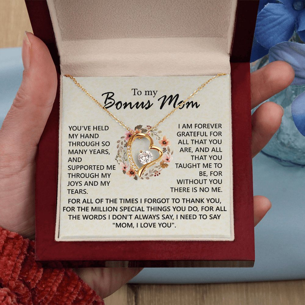 Bonus Mom Jewelry Gift for Stepmom, Foster Mom - Featuring Necklace With Meaningful Message Card & Gift Box for Birthday, Mother's Day Necklace for Bonus Mom Forever Love Necklace