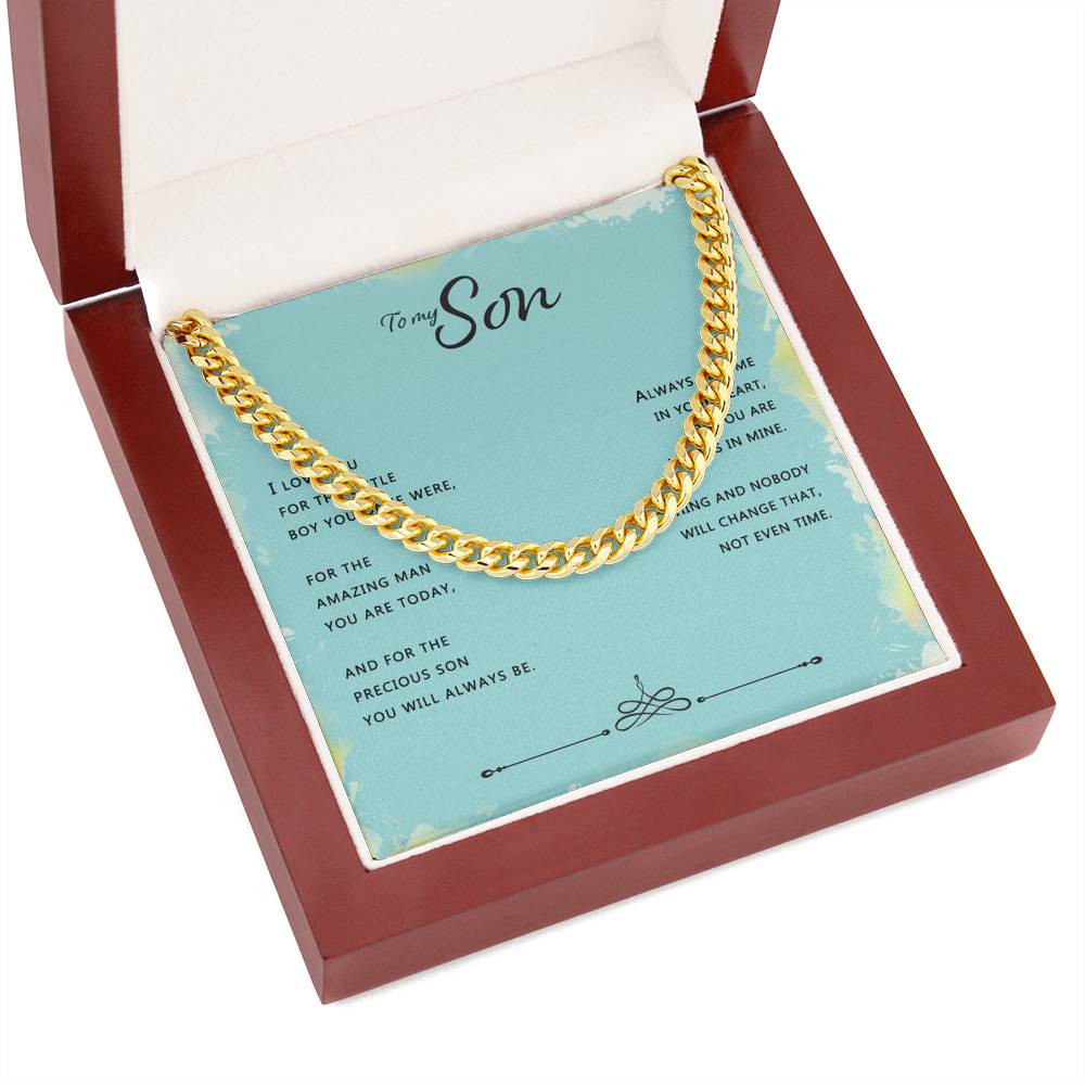 To My Son Necklace From Mom, Mother And Son Jewelry Gift For Little Boy, Cuban Link Chain Necklace For Man Birthday Anniversary For Son Christmas For Son Luxury Gift Box Stainless Steel And 14K Gold Over Cuban Link Chain Necklace Mocup
