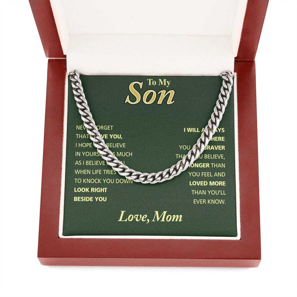 To My Son Necklace From Mom, Mother And Son Jewelry Gift For Man, Cuban Link Chain Necklace For Son Birthday Anniversary For Son Christmas For Son Luxury Gift Box Stainless Steel And 14K Gold Over Cuban Link Chain Necklace Mocup