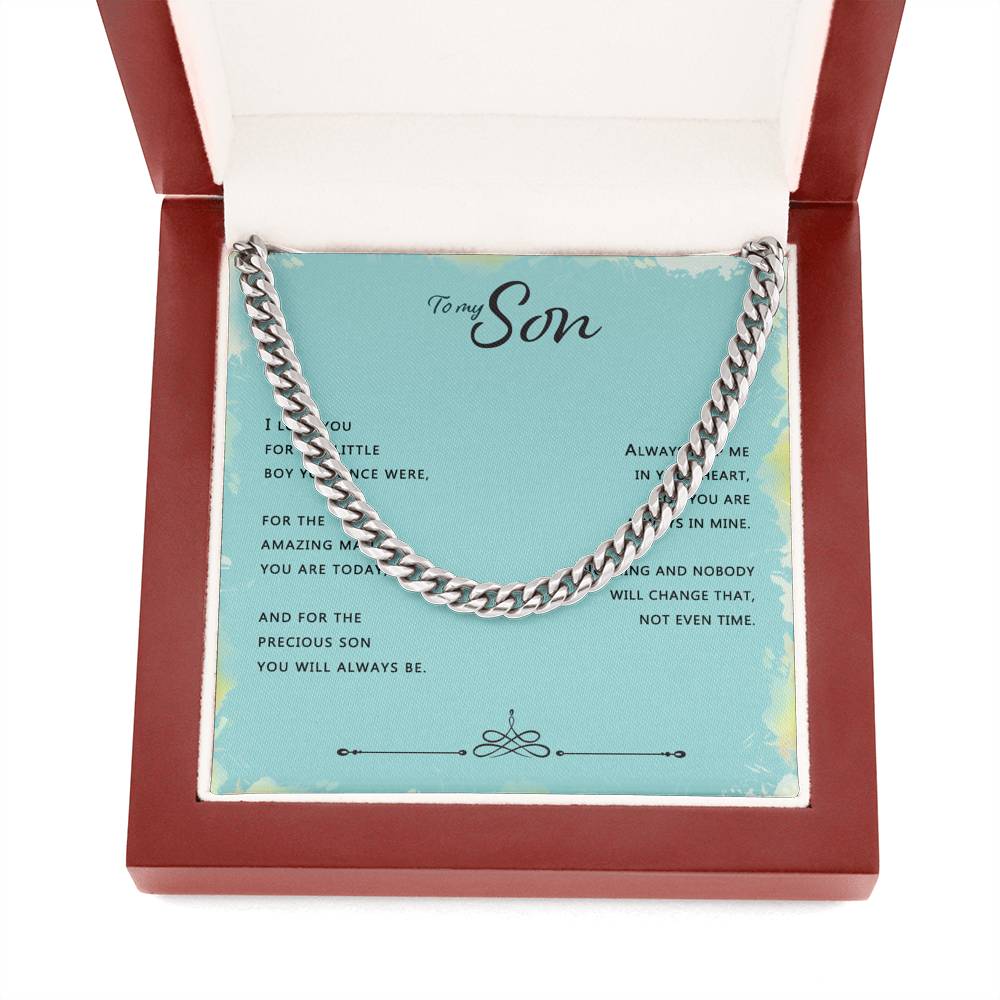 To My Son Necklace From Mom, Mother And Son Jewelry Gift For Little Boy, Cuban Link Chain Necklace For Man Birthday Anniversary For Son Christmas For Son Luxury Gift Box Stainless Steel And 14K Gold Over Cuban Link Chain Necklace Mocup