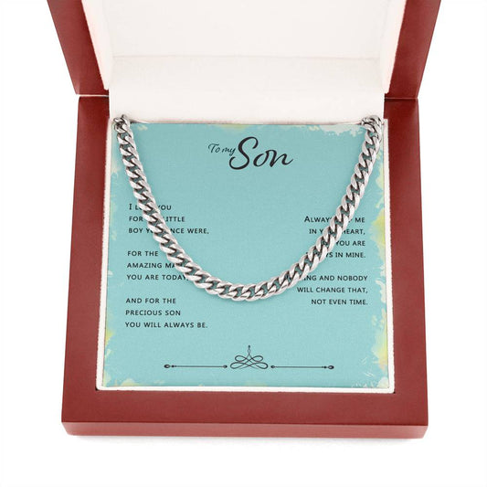 To My Son Necklace From Mom, Mother And Son Jewelry Gift For Little Boy, Cuban Link Chain Necklace For Man Birthday Anniversary For Son Christmas For Son Luxury Gift Box Stainless Steel And 14K Gold Over Cuban Link Chain Necklace Mocup