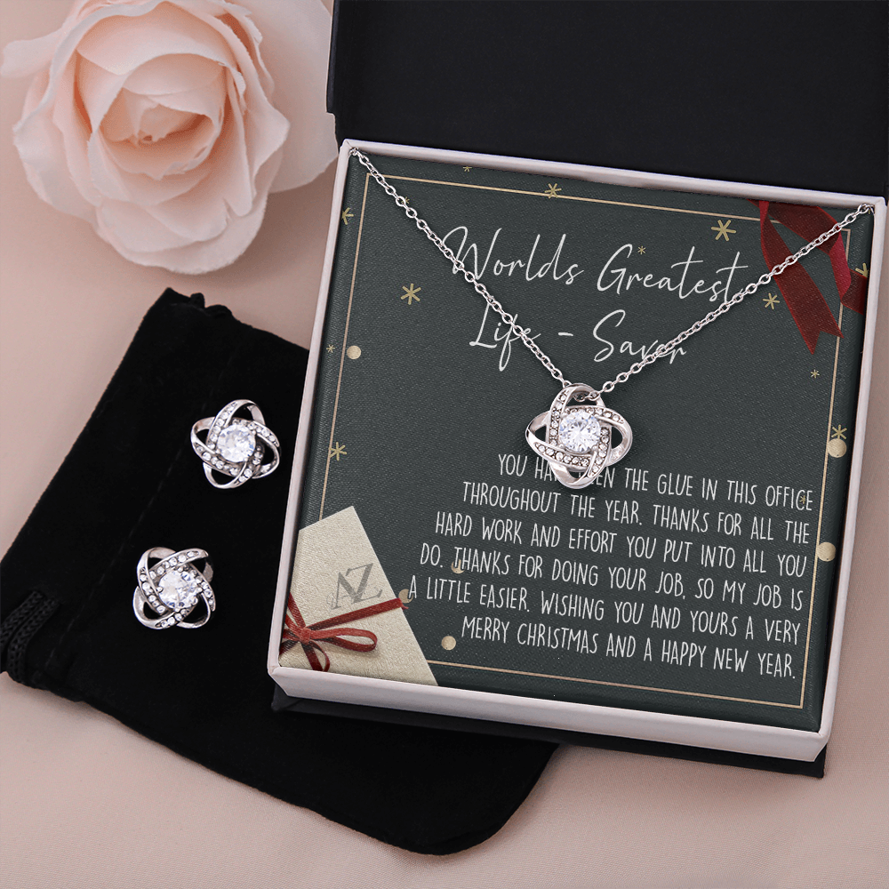 Christmas Gift Necklace for Administrative Assistant Appreciation Xmas Present for Secretary, Personal Assistant, Office Manager Christmas Jewelry Gift for Women Love Knot Earring & Necklace Set