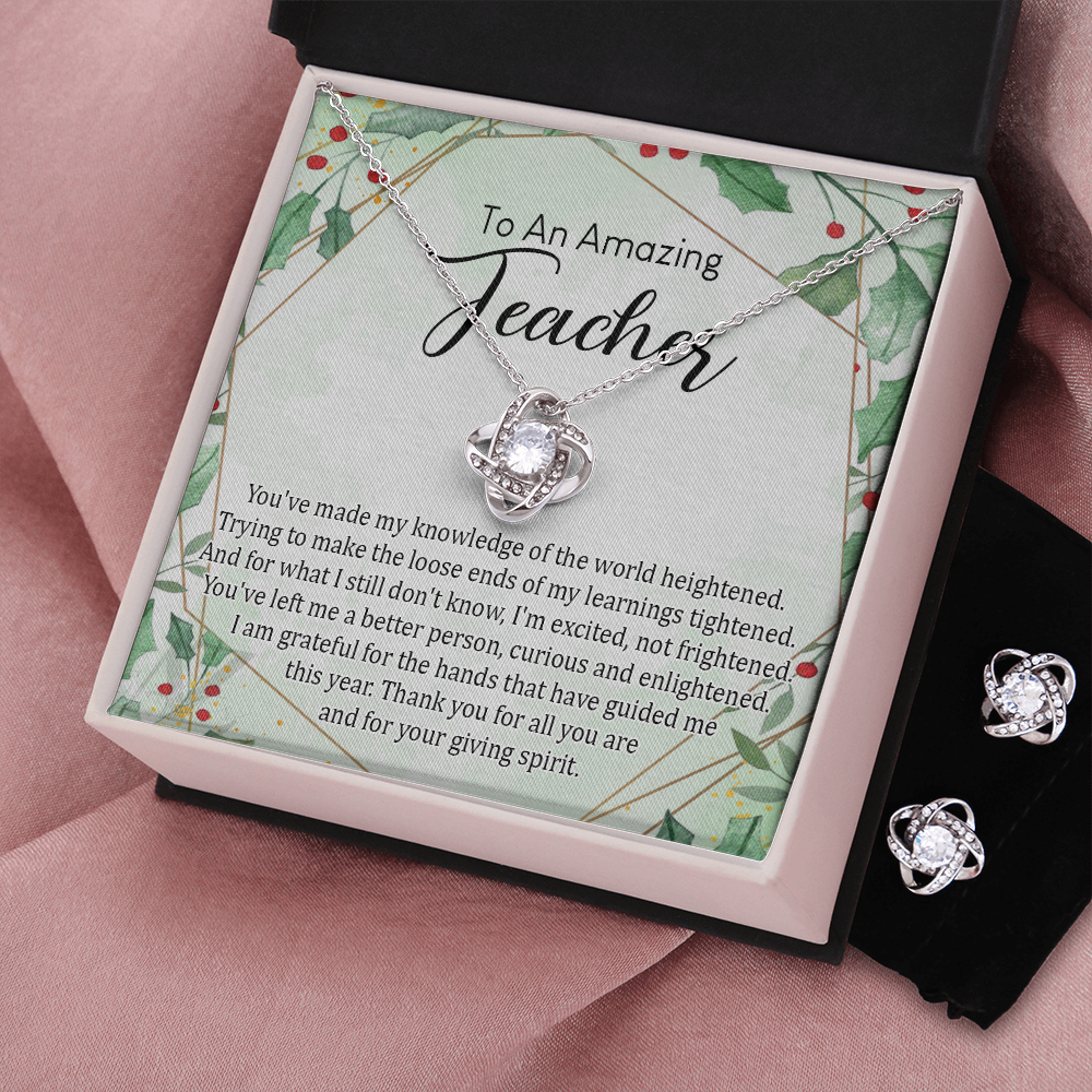 Christmas Gift for Teacher, Teacher Necklace, Jewelry for Teacher, Teacher Xmas Gift, Holiday Gift Idea, Best Mentor Gift, Teaching Assistant Gift, Teacher Jewelry Gift for Women Love Knot Earring & Necklace Set