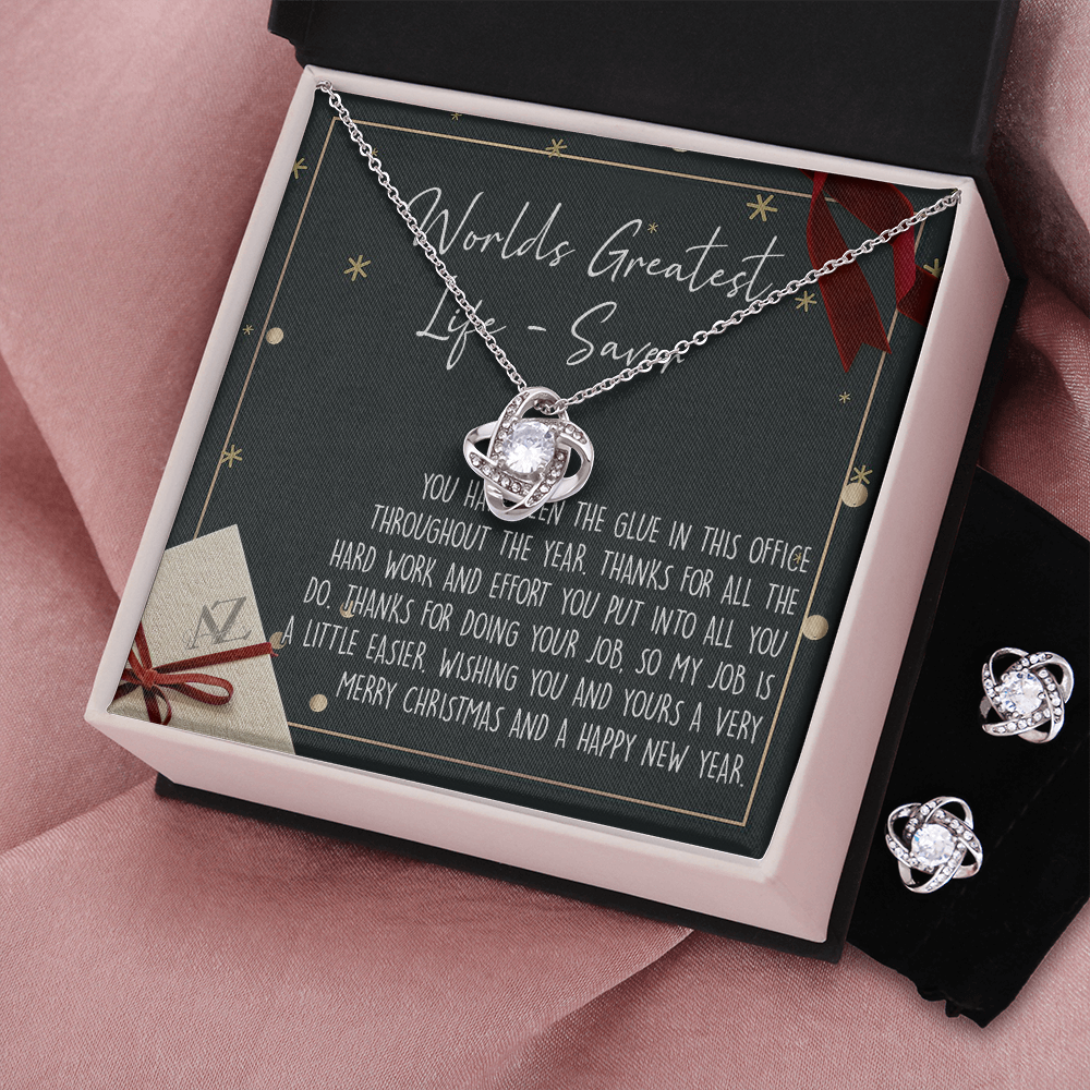 Christmas Gift Necklace for Administrative Assistant Appreciation Xmas Present for Secretary, Personal Assistant, Office Manager Christmas Jewelry Gift for Women Love Knot Earring & Necklace Set