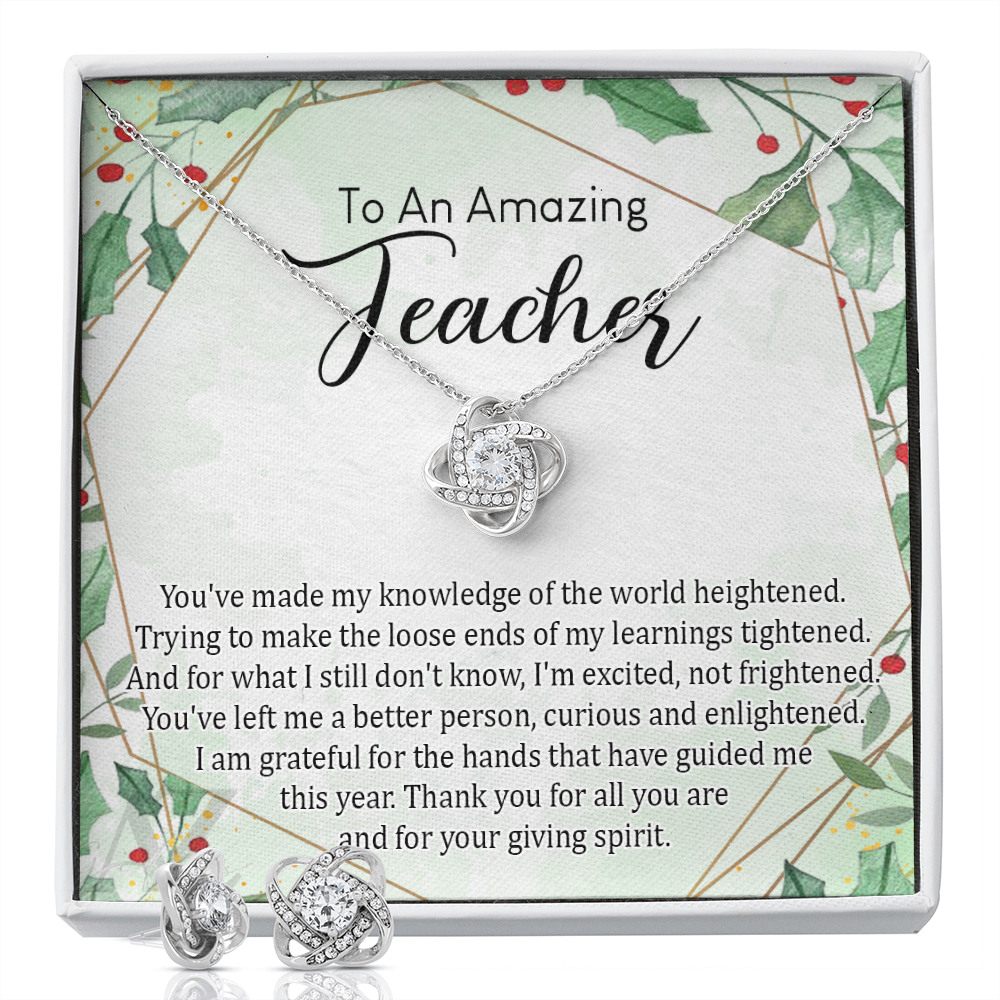 Christmas Gift for Teacher, Teacher Necklace, Jewelry for Teacher, Teacher Xmas Gift, Holiday Gift Idea, Best Mentor Gift, Teaching Assistant Gift, Teacher Jewelry Gift for Women Love Knot Earring & Necklace Set