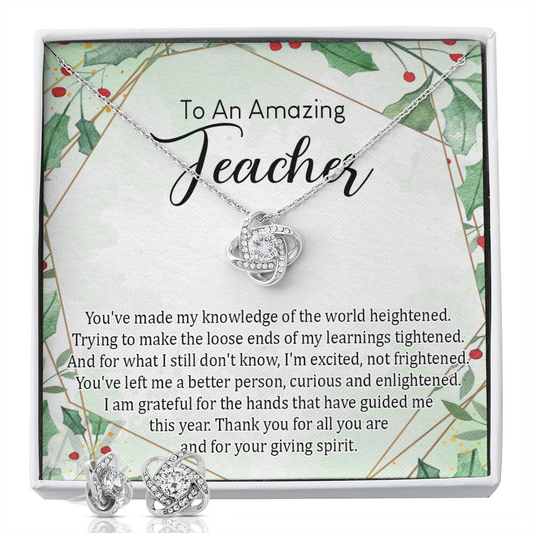 Christmas Gift for Teacher, Teacher Necklace, Jewelry for Teacher, Teacher Xmas Gift, Holiday Gift Idea, Best Mentor Gift, Teaching Assistant Gift, Teacher Jewelry Gift for Women Love Knot Earring & Necklace Set