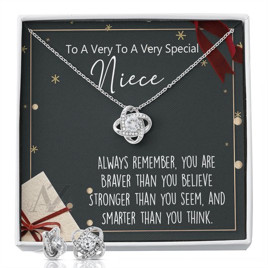 Christmas Gift for Niece Present, Necklace for Niece, Xmas Gift from Aunt, Holiday Gift Idea, Gift From Aunt, Gift from Uncle, Best Niece Christmas Jewelry For Girls Love Knot Earring & Necklace Set