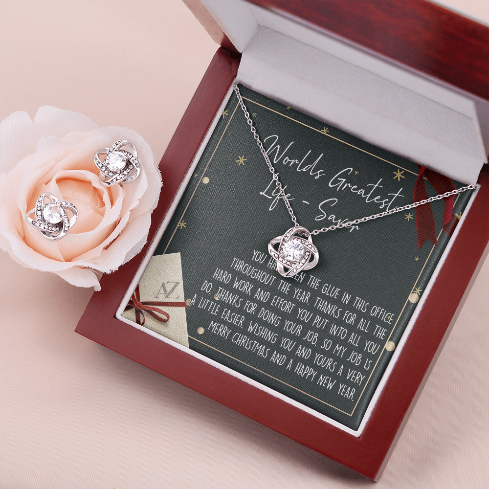 Christmas Gift Necklace for Administrative Assistant Appreciation Xmas Present for Secretary, Personal Assistant, Office Manager Christmas Jewelry Gift for Women Love Knot Earring & Necklace Set