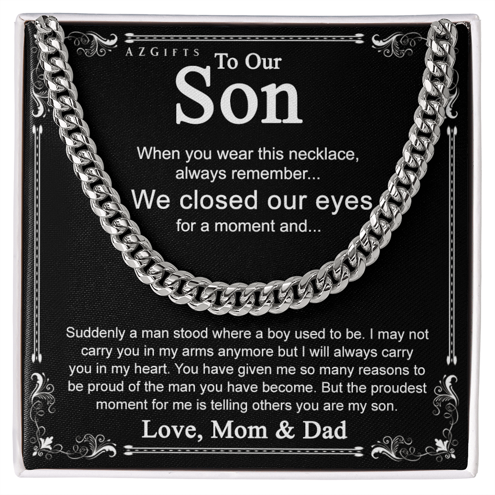 To My Son Cuban Link Chain Necklace Pendant From Dad And Mom, Mother Father And Son Jewelry Gift For Boy, Man On Birthday Christmas Graduation Gift Anniversary To Son with Messa Cuban Link Chain Amazon