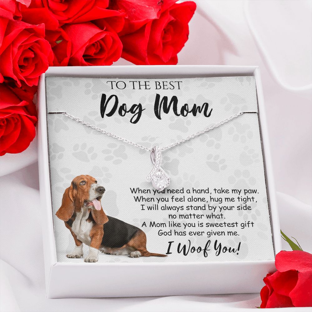 To The Best Basset Hound Dog Mom Knot Necklace Mother's Day Gift , I Woof You Quote Gift Card, Message Card Jewelry For Dog Lovers, Necklace For Mom Alluring Beauty Necklace