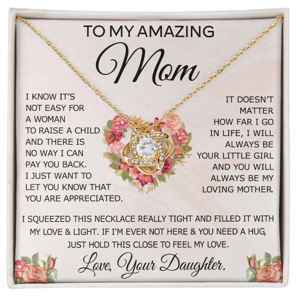 To My Amazing Mom Necklace Gift for Mother Daughter Necklace Gifts For Mom Birthday Christmas Mothers Day Present To My Mom Jewelry Pendant Message Card Gift Box Love Knot Necklace for Mom