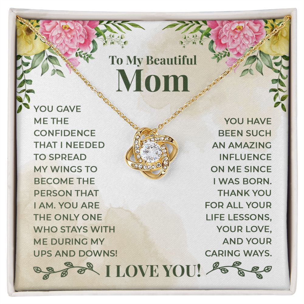 To My Beautiful Mom Necklace Gift for Mother Daughter Necklace Gifts For Mom Birthday Christmas Mothers Day Present To My Mom Jewelry Pendant Message Card Gift Box Love Knot Necklace for Mom