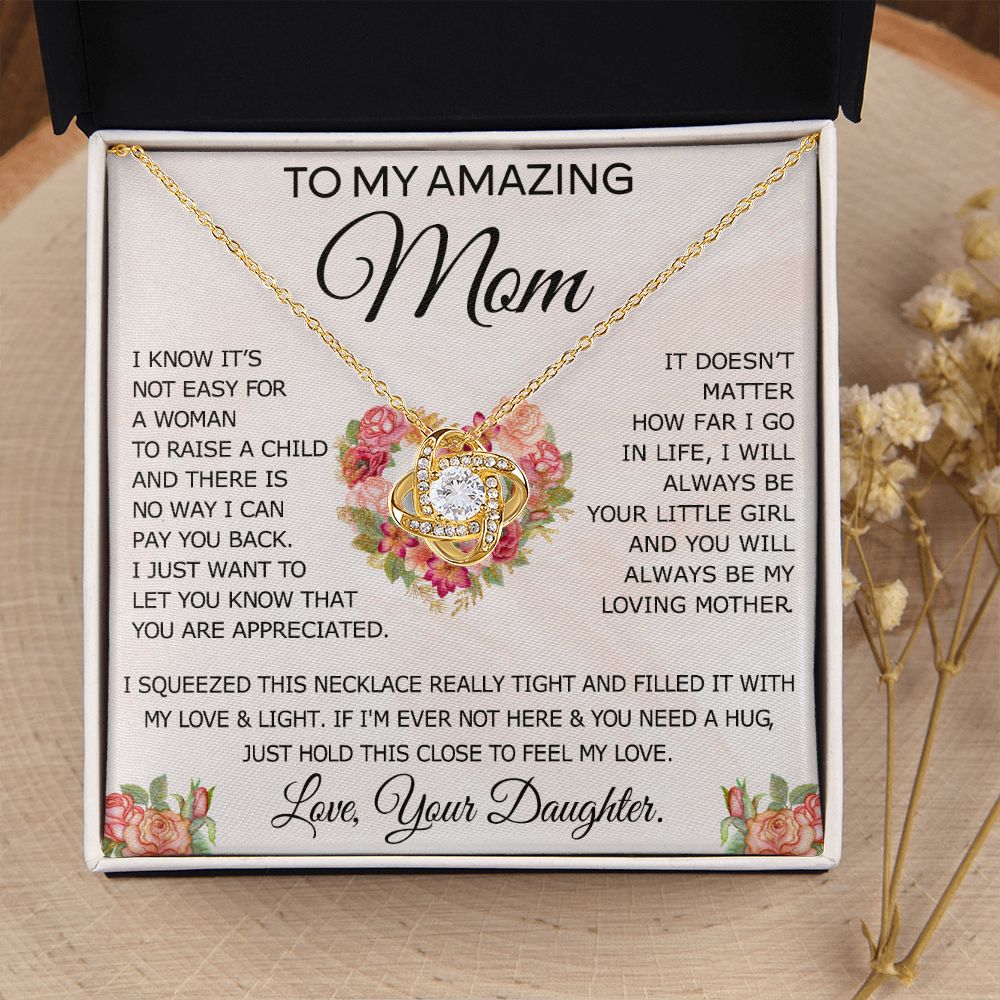 To My Amazing Mom Necklace Gift for Mother Daughter Necklace Gifts For Mom Birthday Christmas Mothers Day Present To My Mom Jewelry Pendant Message Card Gift Box Love Knot Necklace for Mom