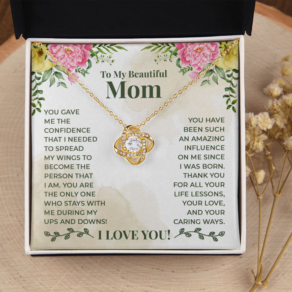 To My Beautiful Mom Necklace Gift for Mother Daughter Necklace Gifts For Mom Birthday Christmas Mothers Day Present To My Mom Jewelry Pendant Message Card Gift Box Love Knot Necklace for Mom