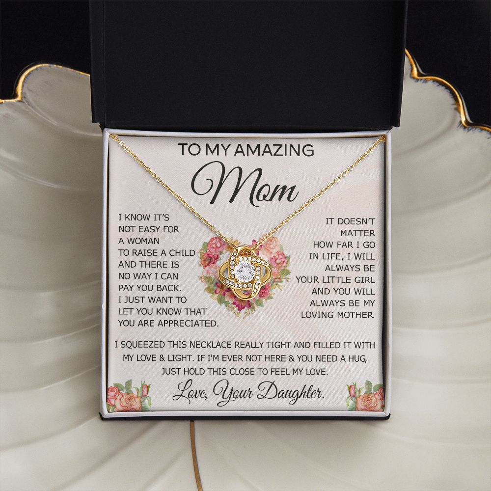 To My Amazing Mom Necklace Gift for Mother Daughter Necklace Gifts For Mom Birthday Christmas Mothers Day Present To My Mom Jewelry Pendant Message Card Gift Box Love Knot Necklace for Mom