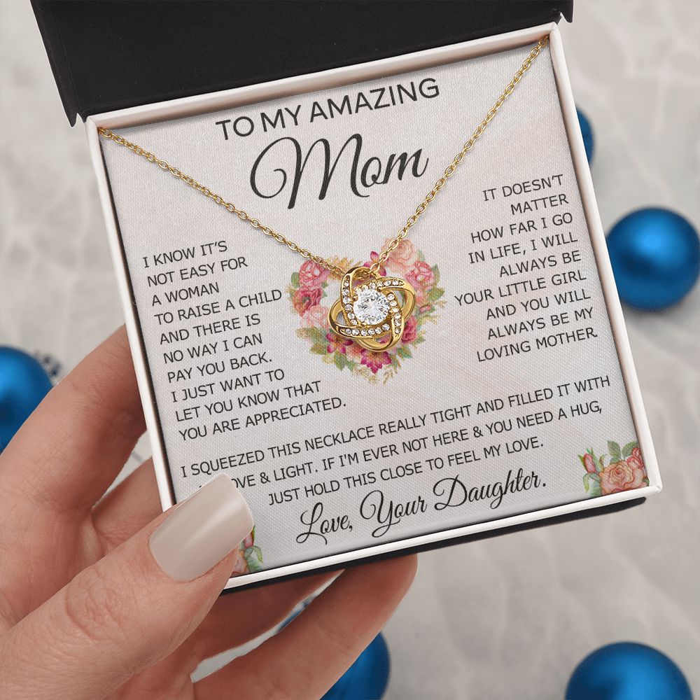 To My Amazing Mom Necklace Gift for Mother Daughter Necklace Gifts For Mom Birthday Christmas Mothers Day Present To My Mom Jewelry Pendant Message Card Gift Box Love Knot Necklace for Mom