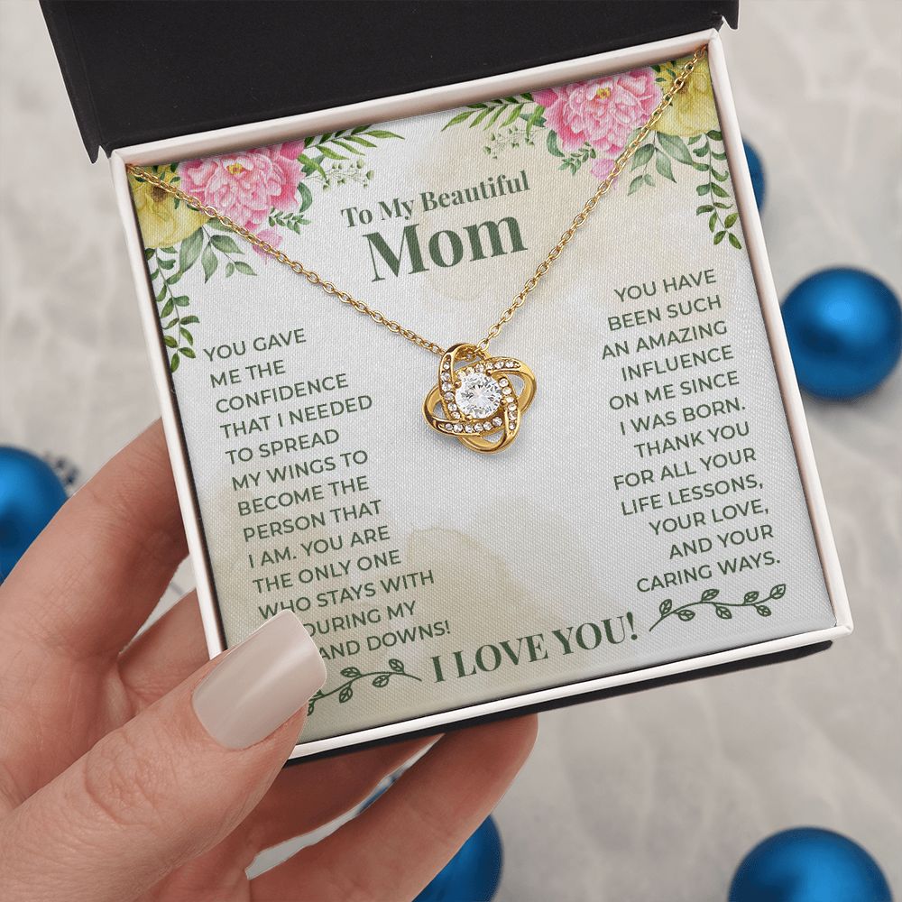 To My Beautiful Mom Necklace Gift for Mother Daughter Necklace Gifts For Mom Birthday Christmas Mothers Day Present To My Mom Jewelry Pendant Message Card Gift Box Love Knot Necklace for Mom