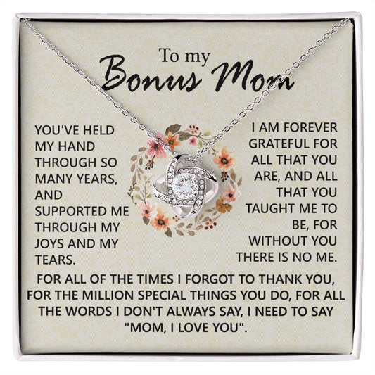To My Bonus Mom Necklace, To My Bonus Mom Love Knot Necklace From Daughter, Son, Bonus Mom Gift Necklace, Daughter And Mother Love Knot Pendant Gift For Mom, Mom, I Love You Jewelry Gift For Women
